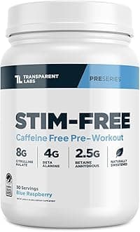 Transparent Labs Stim-Free Pre-Workout - Caffeine & Stim Free Pre Workout Powder for Men and Women with Beta Alanine Powder, Citrulline Malate, & elevATP - 30 Servings, Blue Raspberry