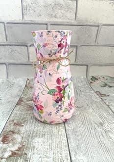 Pink Floral Glass Vase for Flowers,Cottage Style Home Decor Vase, Pretty Decoupage Vases, Handmade vase for Kitchen, Faux Flower Vase