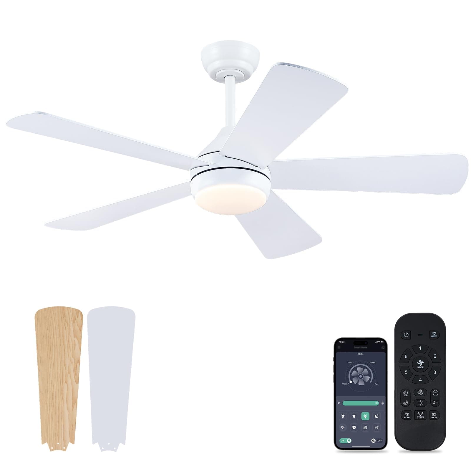 Asyko42" White Ceiling Fan with Lights with Remote/App Controller, Indoor Outdoor Low Profile Ceiling Fan, Reversible DC Motor, 6 Speeds with 5