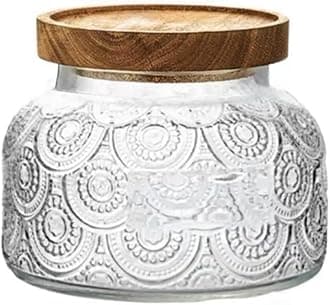 ANSQU Vintage Glass Storage Jar, 25.4 FL OZ Food Storage Jar with Solid Wooden Lid, Tea Bag Organiser for Home Kitchen Decor, Holds Oats, Jam, Coffee, Candy, Biscuits and Sugar (Round Flower)