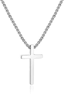 Cross Necklace for Men, Silver Black Gold Stainless Steel Cross Pendant Necklace for Men, 16-30 Inches Box Chain