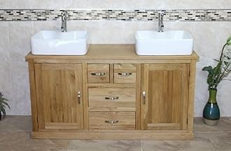 Wooden Bathroom Vanity Unit with 2 Ceramic Basins - Modern Bathroom Sink Cabinet with Drawers - Double Vanity Unit with Chromed Mixer Taps - Natural Oak - Tap Mounted Rectangle Bowl (603CB021A2)
