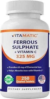 Vitamatic Ferrous Sulphate 325 mg + Vitamin C 100 mg - (65 mg Elemental Iron) High Potency Iron Supplement | No Artificial Color Additives - 250 Coated Tablets - Made in USA
