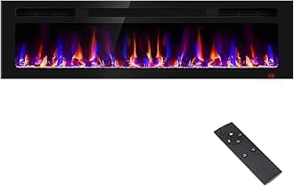 60 Inch Electric Fireplace Recessed and Wall Mounted, Fireplace Heater and Linear Fireplace, Ultra-Thin Electric Fireplace, Low Noise, with Timer, Remote Control, Adjustable 12 Flame Color, 750/1500W