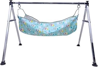 MACKLON Baby Boy's and Girl's Portable Folding Alloy Steel Swing Baby Cradle Ghodiyu Palna with Hammock Having Mosquito Net, Square, Steel, Black(1 Khoya, 1 Cradle, 4 Rubber Pads, 2 Pangra,)