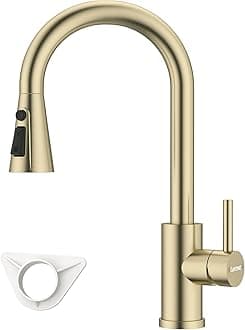DAYONE Gold Kitchen Sink Tap Mixer with Pull Out Sprayer, SUS304 Stainless Steel Sink Mixer Taps, 360°Swivel High Arc 3 Functions Spray Brush Gold Kitchen Faucet