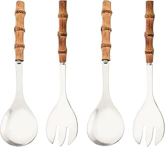 Uniturcky Serving Spoon and Fork Set, 304 Stainless Steel Serving Utensils with Natural Bamboo Handle, 10" Long Handle Serving Set for Kitchen Party Buffet, 4 Pieces / 2 of Each