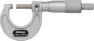 Mitutoyo 103-137 Outside Micrometer, Baked-Enamel Finish, Ratchet Stop, 0-25mm Range, 0.01mm Graduation, +/-0.002mm