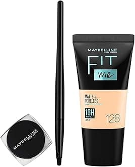New York Lasting Drama Gel Eyeliner,Blackest Black, 2.5G And Maybelline New York Fit Me Matte+Poreless Liquid Foundation Tube, 128 Warm Nude, 18Ml