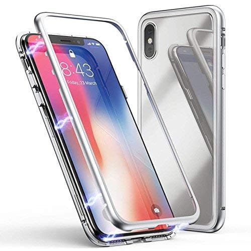Case for Huawei P20 lite Magnetic Slim PC Hard Case Metal Frame Tempered Glass Magnet Flip Anti-Scratch Protective Cover (Silver, Huawei P20 lite 5.8")
