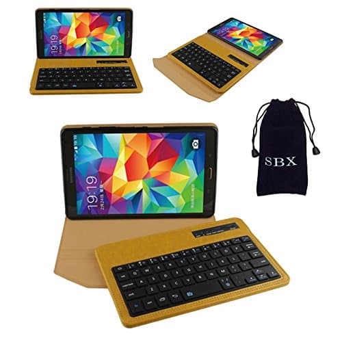 SBX Wireless Bluetooth ABS Keyboard PU Crazy Horse Leather Case Tablet Stand - Removable DETACHABLE Bluetooth Keyboard Stand Case / Cover for Samsung Galaxy Tab S 8.4" 8.4 inch Tablet SM-T700 SM-T705 (W/ Bluetooth Camera Function) Yellow