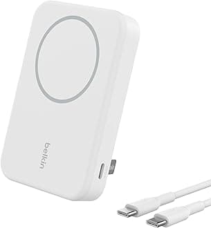 Portable Charger, Wireless Power Bank 15W 8000 mAh w/ Qi2 - MagSafe Charger w/Built-in Pop-up Kickstand - iPhone 17, Air, Pro, Pro Max, AirPods, Apple Watch, Google Pixel 10, etc. - White