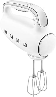 Smeg HMF01WHUK Hand Mixer with Turbo Function, 3 Attachments, LED Display, Retro 50's Style, 250W, White