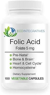 EcoIntegratives Folic Acid Folate 5mg (B9) Prenatal, Reproductive Health, Homocysteine, Metabolism, Cardiovascular, Bone, Immune Support, Allergen Free, Non GMO - 100 Vegan Capsules