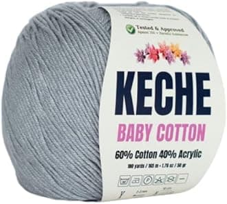Keche Baby Cotton, 60% Cotton 40% Acrylic Yarn, Soft Cotton Yarn for Crochet and Knitting, Amigurumi Yarn 1 Skein/Ball 1.76 Oz (50g) / 180 Yrds (165m) - Grey