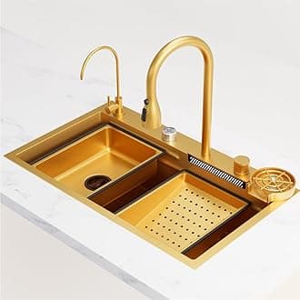 Flying Rain Stainles Steel Waterfall Kitchen Sink with Pull Out Faucet Gold 29.5 INCH