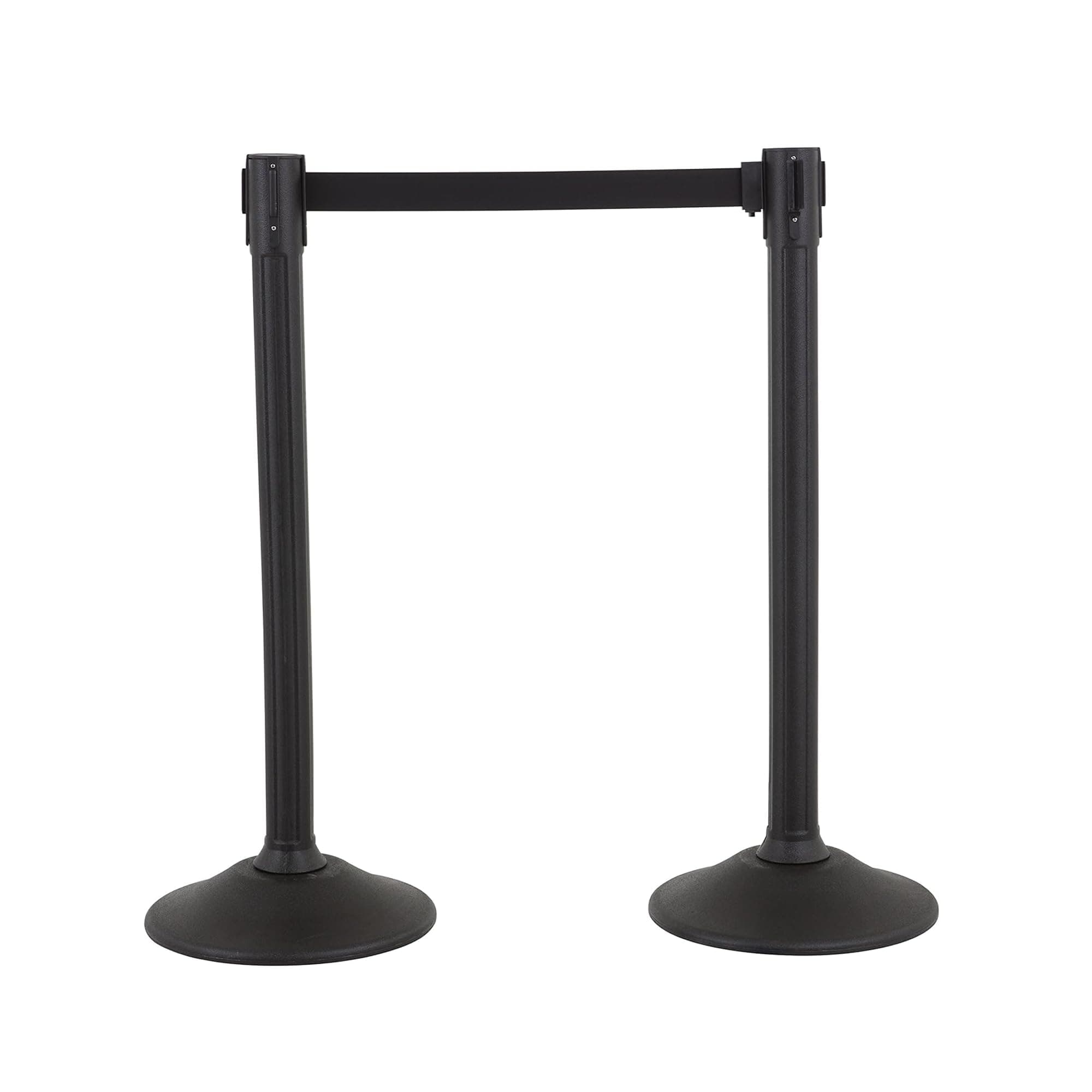 US Weight Black Plastic Stanchion for Crowd Control with 6.5' Retractable Black Barrier Belt with Tool-Free Assembly and UNIVERSAL BELT ENDS that Fit Most Brands - Pack of 2 - Made in the USA