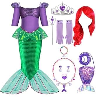 Spooktacular Creations 10PCS Dark Purple and Green Little Mermaid Dress, Princess Sequins Dress with Red Wig, Mermaid Costume for Girls for Halloween Cosplay Party (Small (5-7 YRS))