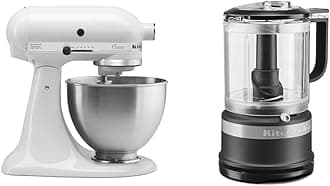 KitchenAid Classic Series 4.5 Quart Tilt-Head Stand Mixer K45SS, White & 5 Cup Food Chopper - KFC0516,Matte Black