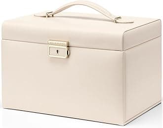 VlandoVlando Velvet Jewelry Box for Women, Large Leather Jewelry Organizer Box with Locked, Mirrored, 3 Drawer for Necklace Ring Earring Organizer, Christmas Gift for Girl and Women - Apricot White