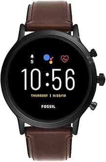 Fossil 44mm Gen 5 Carlyle Stainless Steel and Leather Touchscreen Smart Watch, Color: Black, Brown (Model: FTW4026)