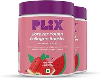 PLIX Collagen Supplement Powder to support Skin Elasticity, Firmness & Youthful Glow | 100% Plant-based with Hyaluronic Acid & Vitamin C | For Women & Men | Watermelon Flavour, Pack of 2
