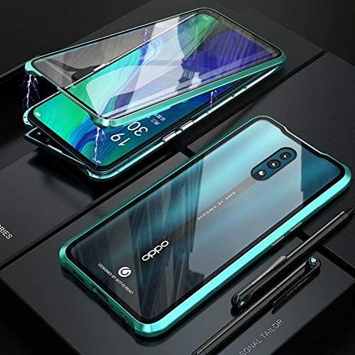 case for oppo reno, Ultra Thin Metal Frame Case Lightweight, Magnetic Adsorption Aluminum Alloy Flip Cover, 9H Tempered Glass Back Cover Phone Case