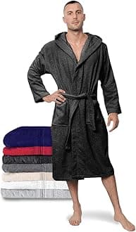 Men's Bathrobe, Dressing Gown 100% Cotton (350 g/m²) Oeko-Tex® Certified, Bathrobe with Hood, 2 Pockets, Belt