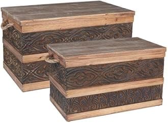 Household Essentials 2 Piece Decorative Trunks, Embossed Metal Set, Small and Large, Chinese Fir Wood, Darkened Interior, Rope Handles, Flat and Fully Opening Lid, Handmade, Walnut and Almond Stain