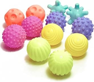 B4BRAIN Sensory Balls Toy Pack of 12 | Colourful Squeaky Ball | Hand Eye Coordination | 0,1,2,3 Year Babies | Montessori Kids | Brain Development STEM | Soft Silicone Balls (Squash, Multicolour)