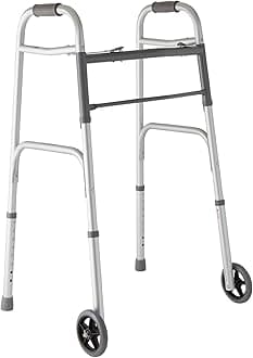 Lightweight Two Button Folding Walker with 5" Wheels, Aluminum Frame Supports up to 300 lbs