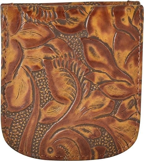 Tooled Print Leather, Cognac – A Simple, Compact, Front Pocket, Folding Wallet, that holds Cards, Coins, Bills, ID – for Men & Women