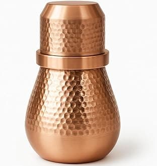 Pure Copper Bedside Water Carafe with Cup – 1 Liter (33.8 Oz) Hammered Copper Carafe Set for Tamra Jal – Ayurvedic Drinking Water Vessel for Daily Use