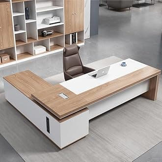 LITFAD L-shaped Office Computer Desk with Secure Drawer, CPU Cabinet and Cord Management Modern Wood Executive Desk Writing Desk Boss Table Office Furniture, Without Chairs, 86.6"L x 70.9"W x 29.5"H
