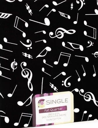 1 Fat Quarter All Over Tossed Music Notes White Notes on Black Background ~ 100% Cotton Fabric ~ Quilt Fabric ~ Sewing