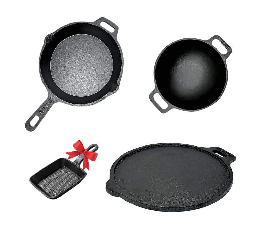 7 Layer Pre-Seasoned Cast Iron Cookware Set + Free Mini Grill Pan| Tawa (27 cm)+ Kadai (22cm /1.4L)+ FryPan (26 cm .5L) Kitchen Cooking Combo Pots & Pans Set of 4 Pcs, Black
