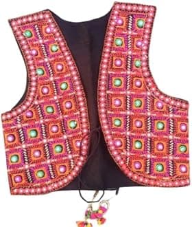 Outerwear Womens Multicolor Cotton Handmade Traditional Rajasthani Design front Embroidered Kutchi Work Jacket/Koti