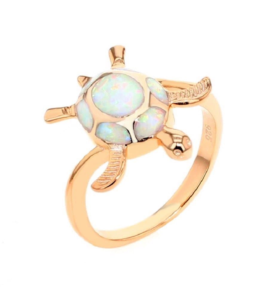 .925 Sterling Silver Rose Gold Plated Lab Created Opal Turtle Ring