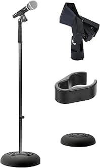 Pyle Adjustable Microphone Stand - Universal Mic Stand with Compact Heavy Base, Floor Standing Design, Height Adjustable, Pivot Angle Clip for Singing & Recording (2.8’ - 5’ ft., 9.8” Base Diameter)