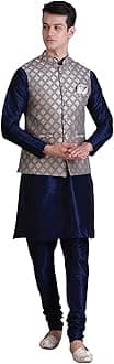 Uri and MacKenzie Men's Silk Blend Regular Kurta Churidar Pyjama with Bundi Nehru Jacket/Waistcoat