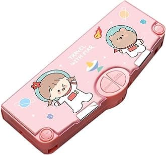 Multifunction Pencil Case, Pencil Box with 2 Compartments for Students - Cartoon Pattern Stationery Set with Pop Out Scissors and Pencil Sharpener