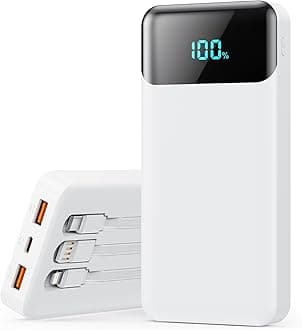 Portable Charger 40800mAh with 3 Built-in Cables,PD 25W USB C in&Out Power Bank Fast Phone Charging,QC4.0 LED Display 5 Outputs External Battery Pack Compatible with iPhone 16/15,Samsung Android-White