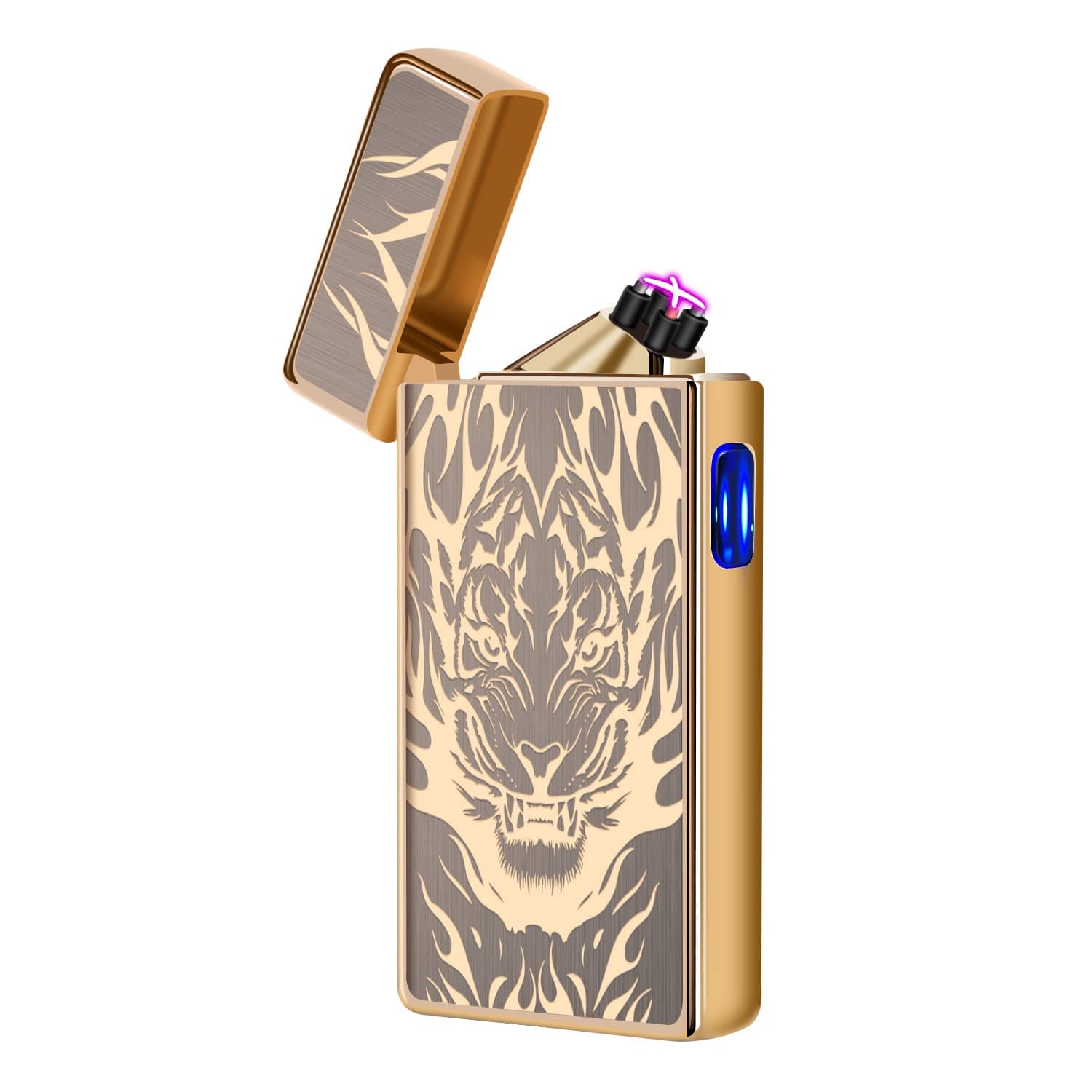 lcfun Plasma Lighter Rechargeable Windproof Lighter Electric Dual Arc Lighter Electronic Cool Lighters for Candle,Camping,Hiking,Adventure (Gold Tiger)
