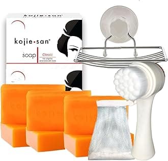 Face & Body Skin Brightening Shower 9pc Set - the Original Kojic Acid Soap that Helps Reduce Dark Spots 6 x 135g Bars, Soap Dish and Facial Cleansing Brush…