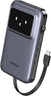 UGREEN Uno Mobile Battery (Built-In USB-C Cable, 10,000 mAh, 30 W), Supports PD Rapid Charging, 3 Ports, TFT Screen, Robotic Design, Pass-Through Function, Low Current Mode, USB-C Cable Integrated,