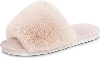 Women's Faux Fur Slippers Fuzzy Flat Spa Fluffy Open Toe House Shoes Indoor Outdoor Slip on Memory Foam Slide Sandals