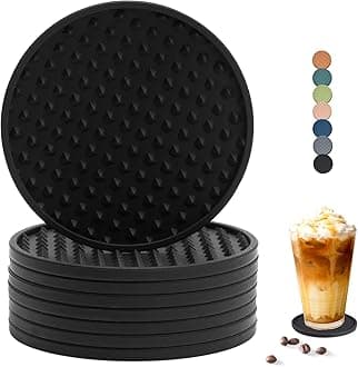 Drink Coasters Set of 8 - Silicone Coasters Tabletop Protection for Any Table Type, Wood, Glass, Stone Tables, Dishwasher Safe, Coasters for Drinks Fits Any Size of Drinking Glasses (Black)