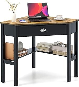 TangkulaCorner Desk, Corner Computer Desk with Drawer for Small Space, Small Corner Makeup Vanity Desk, 90 Degrees Triangle Corner Desk with Storage Shelves