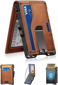 GHUKYWallet for Men, Minimalist Slim Mens Wallet with Money Clip, RFID Blocking Smart Pop Up Card Wallet with ID Window, Compact Bifold Wallet,Metal Aluminum Credit Card Holder, Brown,
