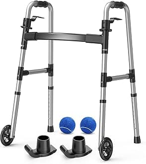 Folding Walker with 2 Precut Tennis Balls, 5" Wheels Lightweight Walkers for Seniors and Adults, Supports Up to 350 Pounds, Adjustable Height, Compact Standard Walker